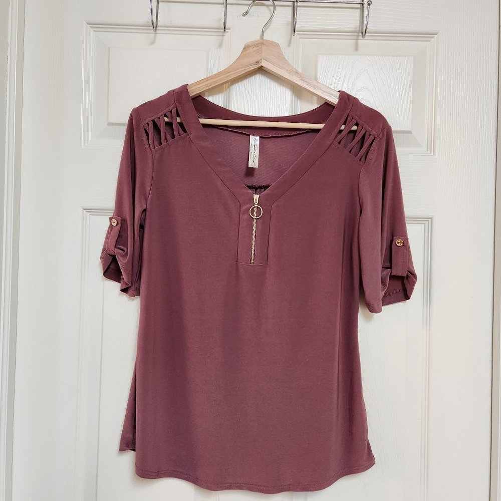 Short Sleeved Zip-up Blouse W/ Gold Accents